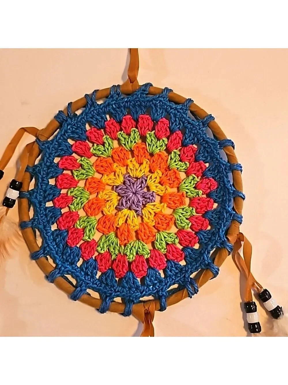 Hand Crafted crochet dreamcatcher multicolored floral eclectic textile decor